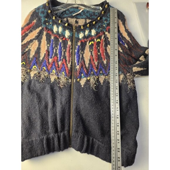 Free People Aztec Navajo Cardi Sweater Studded Zip Front Mohair Wool Blend Sz L - Picture 9 of 9